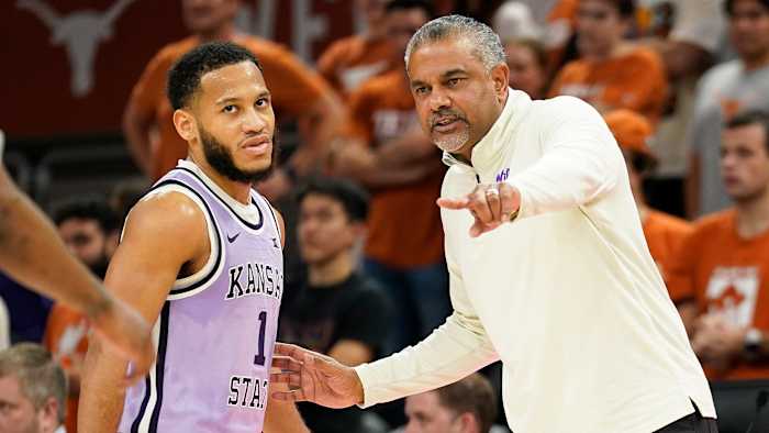 K-State coach Jerome Tang talks to a player